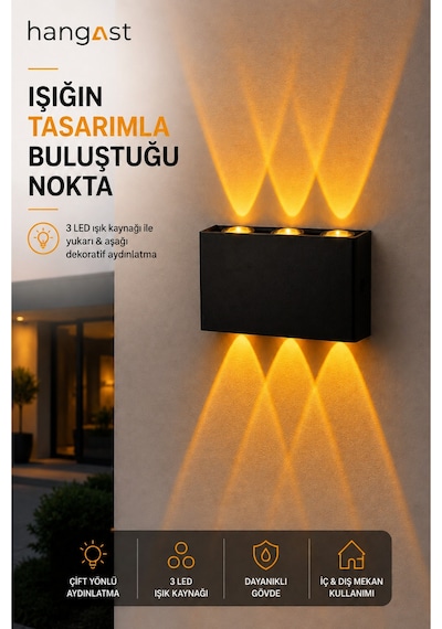 Pilli Amber 3 Led Dekoratif Duvar Apliği Çift Yönlü Yukarı Aşağı Aydınlatma İç & Dış Mekan Duvar Lambası Siyah