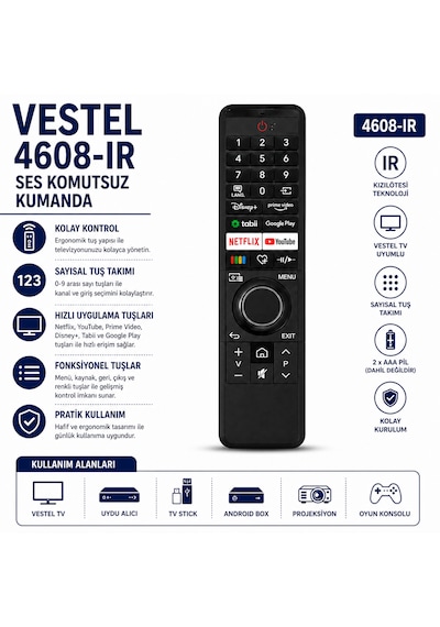 Vestel 4608-ır Akıllı Tv Kumandası Netflix Youtube Prime Video Disney+ Tabii Google Play Tuşlu Ses Komutsuz Kumanda