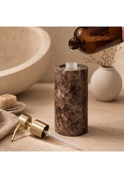 The Voguemaxima Mermer Görünümlü Sıvı Sabunluk Kahverengi Gold Pompalı 7x19 Cm