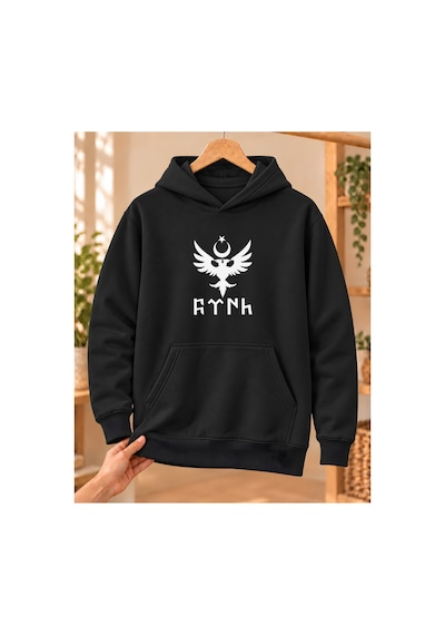 Mor Mürekkep Çift Başlı Kartal Ay Yıldız Ve Göktürk Yazısı Baskılı Kapüşonlu Sweatshirt - Siyah