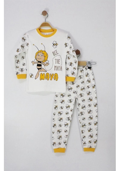 Bilge Trend Arı Maya Baskılı %100 Pamuklu Penye Kız Erkek Unisex Bebek Çocuk Pijama Takımı Beyaz