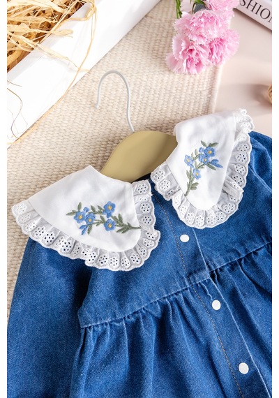 Baby Mod Fistolu Bebe Yaka %100 Pamuk Denim Kız Bebek Kot Tulum Mavi