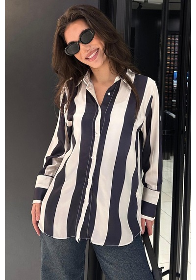 Seeh Lacivert Çizgili Oversize Kadın Gömlek Sh266 Çok Renkli