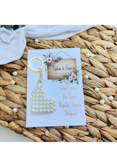 İnci Kalp Anahtarlık Kart Üzeri Nişan Nikah Söz Hediyel 10 Adet