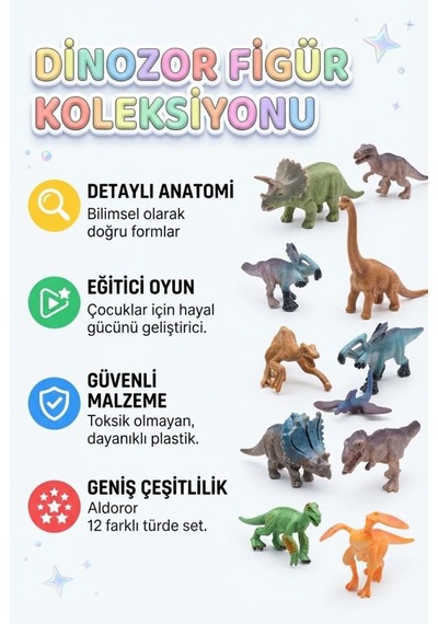 Devler Dünyası 12'li Dinazor Esnek Eklemli Detaylı Ve Gerçekçi Renkli Eğitici Öğretici Oyuncak Seti