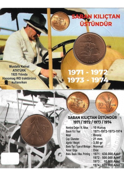 Fao 1971 Yılı Saban Kılıçtan Üstündür Hatıra 10 Kuruş Özel Kitinde Çil Unc