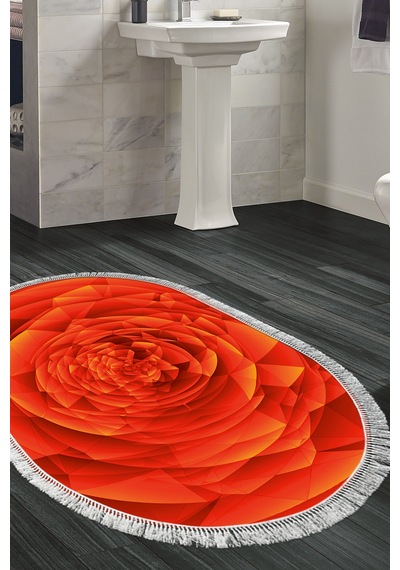 Kaymaz Dijital Mutfak & Salon Halı Trend Saçaklı Oval Geometrik E5011 Turuncu