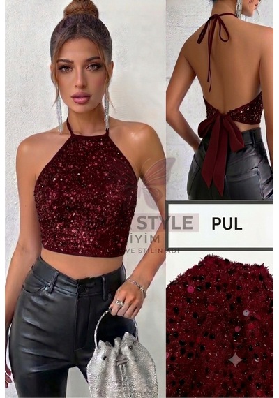 Nisa Sırtı Bağlamalı Pul Detaylı Büstiyer Bordo Bordo