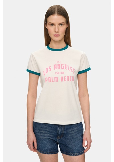 Ucla Lenı Kemik Rengi Bisiklet Yaka Baskılı %100 Pamuk Standard Fit Kadın Tshirt