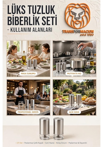 Lüks Paslanmaz Çelik İçi Cam 2'li Tuzluk Biberlik Seti - Modern 18/10 Endüstriyel Baharatlık Takımı 723492 Diğer