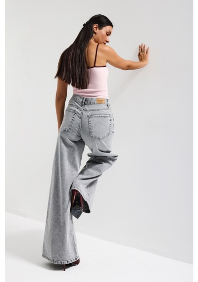 Itsbasic Kadın Gri Renk Hera 4s6-12 Palazzo Fit Bol Kesim %100 Koton Orta Bel Denim Jean