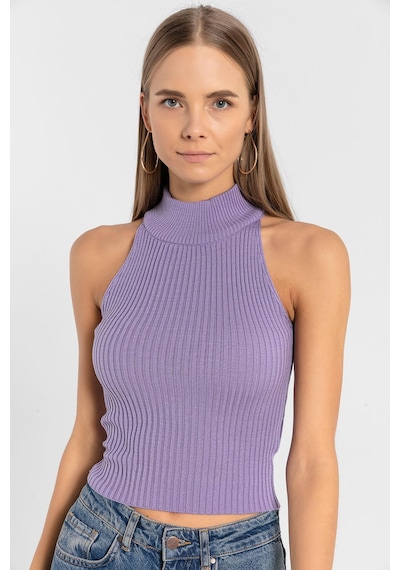 Miss Poem Kadın Kolsuz Slim Fit Boğazlı Fitilli Kısa Antrasit Triko Crop Lila