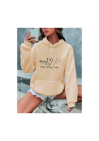 Medinenur Mommy Kalp Baskılı Kapüşonlu Cepli Sweatshirt Bej