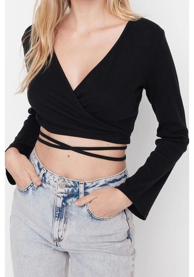 Ersefa Moda Kruvaze Örme Slim Düz Desen Casual Günlük Crop Uzun Kol Bluz Siyah