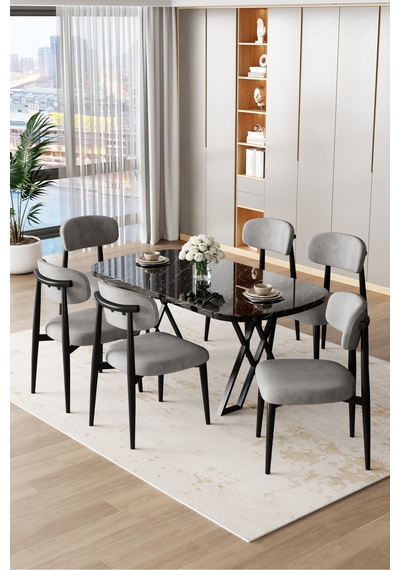 Canisa Jolin Serisi Mdf 90x168 Siyah Mermer Desen Masa Takımı 6 Gri Metal Sandalye Masa Siyah Mermer Desen Sandalyeler Gri Canisa Jolin Serisi Mdf 90x168 Siyah Mermer Desen Masa Takımı 6 Gri Metal Sandalye Masa Siyah Mermer Desen Sandalyeler Gri