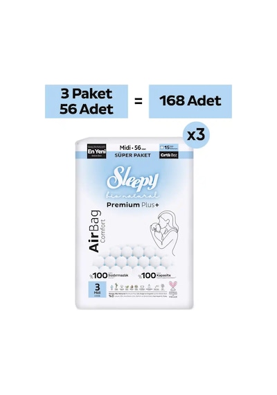 Sleepy Bio Natural Premium Plus Airbag Comfort Mega Paket Bebek Bezi 3 Numara Midi 168 Adet