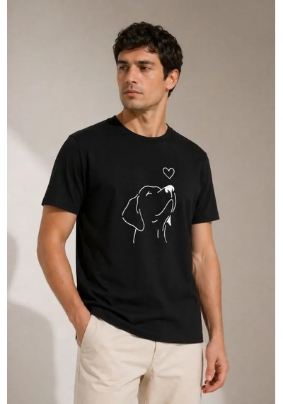 Veraura Lifestyle Erkek Köpek Figürlü Minimal Baskılı Tişört Kısa Kol Yazlık T-shirt - Siyah