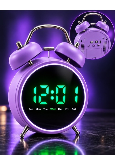 Led Ekranlı Dijital Çalar Saat Alarm Erteleme Gün Göstergeli Şık Tasarım 14x12 Cm Dijital Metal Çalar Saat Mor