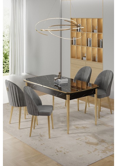 Canisa Rada Serisi 80x132 Açılabilir Lak Panel Siyah Mermer Desen Masa 4 Gri Sandalye Gold Detay Masa Siyah Mermer Desen Sandalyeler Gri Canisa Rada Serisi 80x132 Açılabilir Lak Panel Siyah Mermer Desen Masa 4 Gri Sandalye Gold Detay Masa Siyah Mermer Desen Sandalyeler Gri