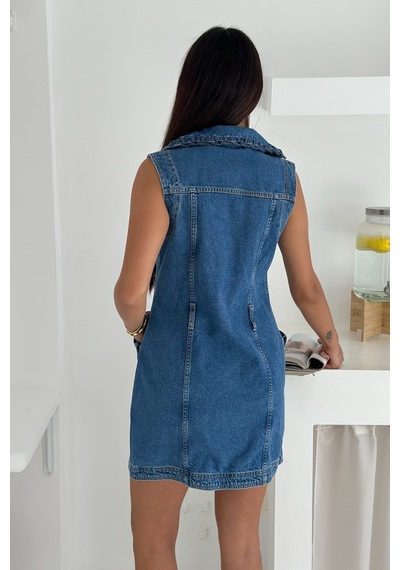 Femelle Kadın Mavi Fırfırlı Yaka Düğmeli Kot Mini Elbise - Cepli Kolsuz Denim Elbise