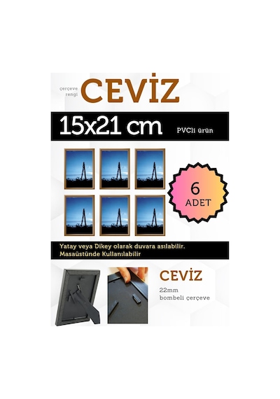 Ceviz-6 Adet Pvc Li 15x21 Cm 22mm Bombeli Çerçeve Fotoğraf Resim Çerçevesi Ayaklı Veya Duvara Asma Yatay-dikey