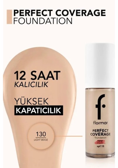 Flormar Perfect Coverage Yoğun Kapatıcı Su Bazlı Fondöten (Sıcak Alt Ton) -130 Light Beige -8682536070539