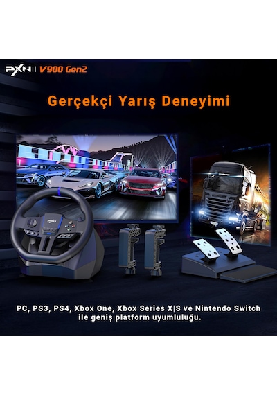 Pxn V900 Gen2 Hall Effect Oyun Direksiyonu 270 /900 Pc Ps3 Ps4 Xbox One Xbox Series X S Nintendo Switch Uyumlu Pedallı Yarış Direksiyonu