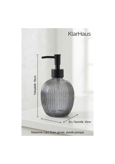 Çizgili Yuvarlak Siyah Pompalı Cam Sıvı Sabunluk - 500ml - 16x10x10 Cm Gri