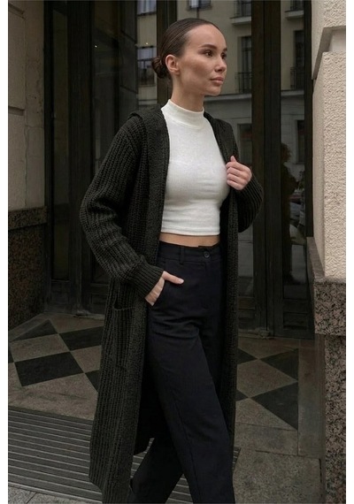 Onno Style Women Selanik Örgü Kadın Triko Uzun Hırka Siyah