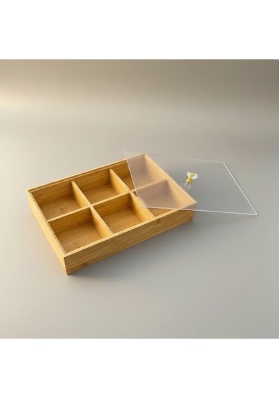 Bambu Organizer Kutu, 6 Bölmeli, Şeffaf Kapaklı, Kristal Kulplu, 30x20x6 Cm, Çay Ve Baharat Düzenleyici, Takı Düzenleyici Açık Ahşap