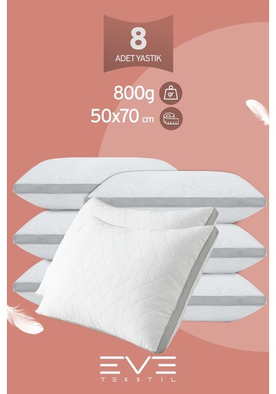Eve Tekstil 8 Adet Klimax Serisi Kılıflı Fermuarlı Klimali Antialerjik Silikon Elyaf Yastık 50x70cm 900 Gr Beyaz