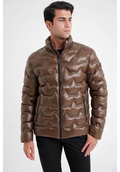 Slim Fit Hakim Yaka Yan Cepli Kaz Tüyü Bej Şişme Mont Mt 175 Bej