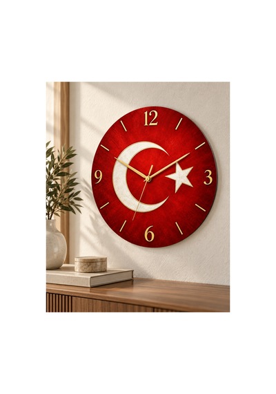 Türk Bayraklı Ay Yıldız Desenli 45 Cm Ahşap Sessiz Akar Mekanizmalı Uv Baskılı Dekoratif Duvar Saati Hediyelik 1075 Çok Renkli