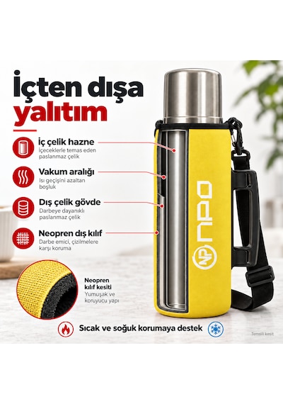 Npo Nt01 2 Katman Vakum Teknolojili 24h Sıcak 48h Soğuk 72h Buzlu Koruma Çelik Termos Sarı Kılıflı