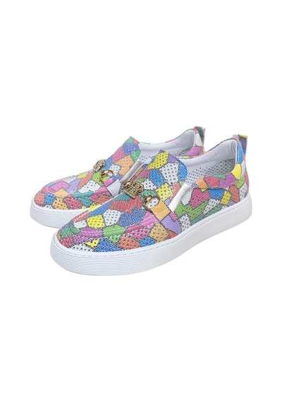 Renkli Hakiki Deri Taşlı Toka Detaylı Ultra Hafif Sneaker Çok Renkli