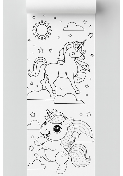 Dikey Unicorn Boyama Rulosu 4 Metrelik Duvara Asılabilir Çocuk Aktivite Kağıdı