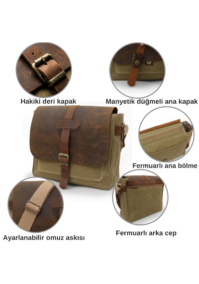 Dark Cotton 7503 Hakiki Deri Kapaklı Suya Dayanıklı Mumlu Kanvas 15 Laptop, Okul, Evrak Seyahat Çantası Camel