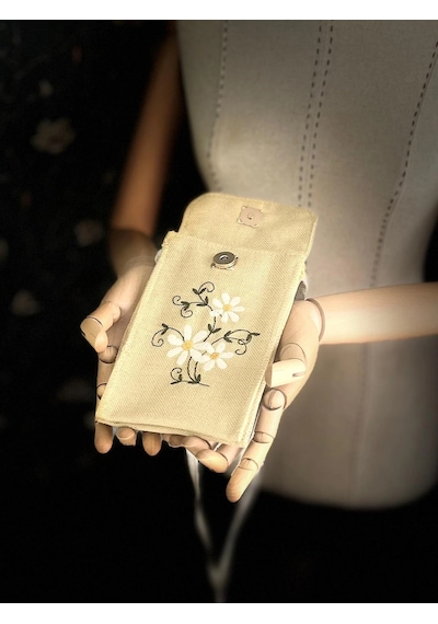 Meadov Nakış İşlemeli Keten Telefon Çantası, Telefon Kılıfı V21 Sarı