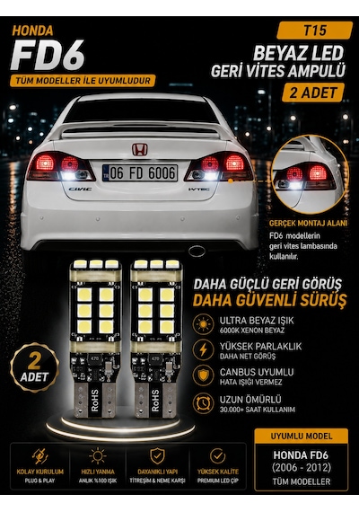 Honda Civic Fd6 2006-2012 Uyumlu T15 W16w Beyaz Led Geri Vites Ampulü Canbus 2 Adet