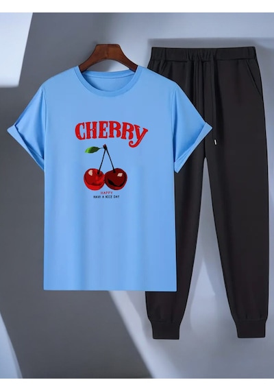 Uyguntarz Unisex Happy Cherry Tasarım Basklı Tshirt Eşofman Takımı Bebe Mavi