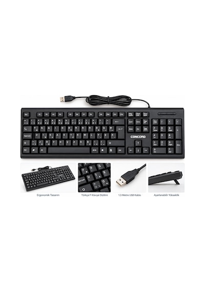 Concord C-72 Standart Kablolu Türkçe F Klavye Yüksek Kalite Sessiz F Klavye Standart Tüm Pc Uyumlu - Okullar Için Uygundur - Katip Katiplik Sınav