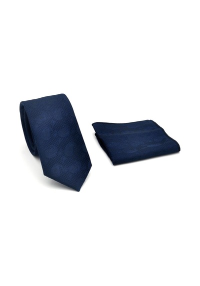 Gaffy Şal Desenli Lacivert Dokuma Kumaş Mendilli Slim Fit Kravat // Sdk-2509-1 Lacivert
