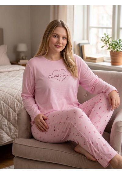 Pijamoni Battal Milan Uzunkol Pijama Takım 7666 Pembe