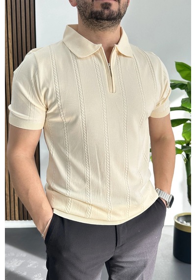 Erkek Desenli Polo Yaka Tişört Krem Edw457 Krem