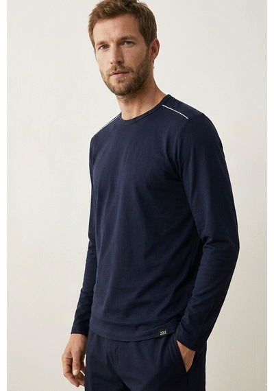 Elemge %100 Pamuk Süprem Uzun Kollu Pijama Üstü Erkek T-shirt Compact Penye Rahat Kalıp Tok Kumaş Lacivert