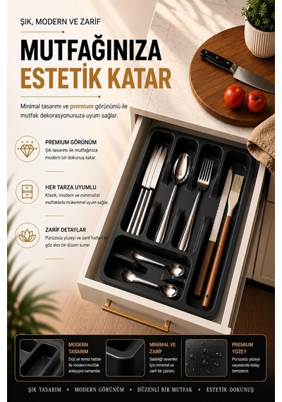 6 Bölmeli Çekmece İçi Kaşıklık, Plastik Çatal Bıçak Organizeri, Mutfak Düzenleyici Gri S-11003 Diğer