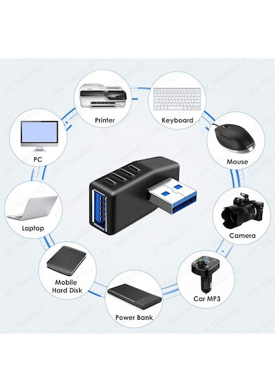 Usb 3.0 Sol Açılı Konnektör Erkek Dişi 90 Derece Uzatma Adaptörü