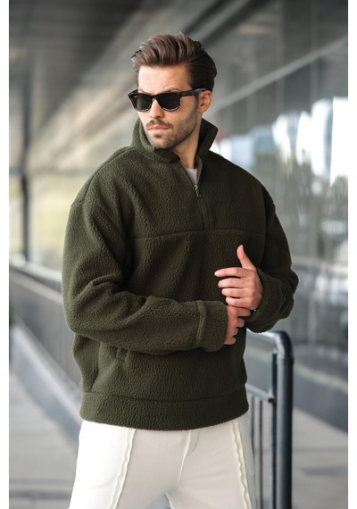 Madmext Haki Yarım Fermuarlı Dik Yaka Polar Sweatshirt E7165 Haki