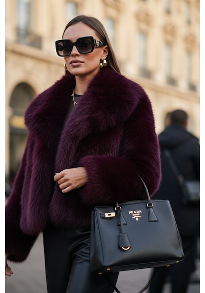 Lela Oversize Fit Gömlek Yaka Cepli Astarlı  Mont Bayan Kürk 497Berry Bordo