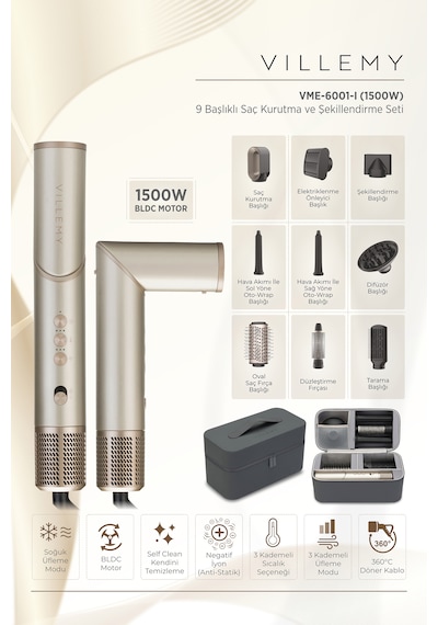 9 U 1 Arada Çok Başlıklı Saç Kurutma Ve Şekillendirme Seti 1500 W Bldc Motor-vme-6001-ı Bej